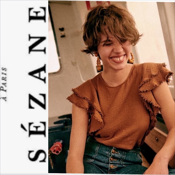 Sezane Tops - Sézane Ruffle Sleeve Gauzy Ester Blouse cafe Size 40/8
